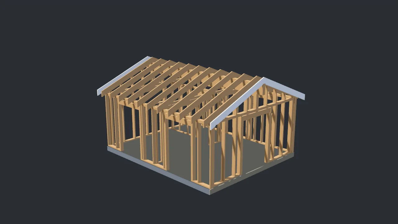 Timber frame standing on the concrete slab.