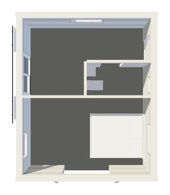 Top-down horizontal section of the Talos3D model showing two rooms and the bathroom.