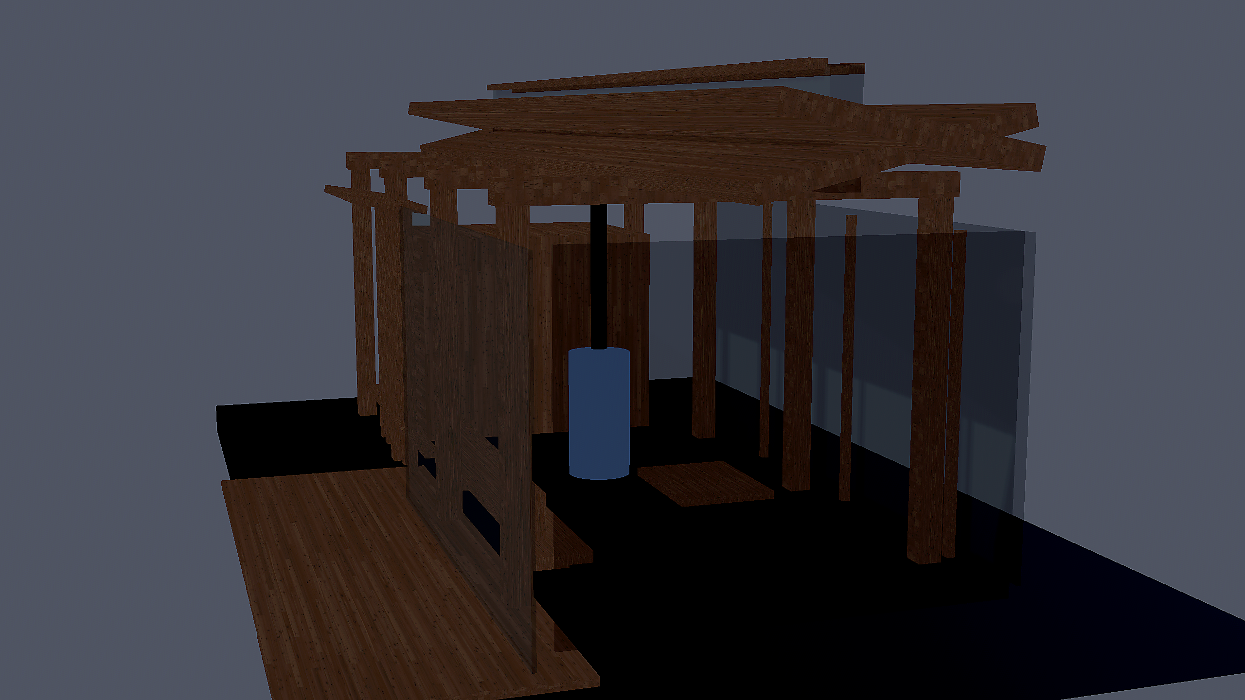 Alternate angle on the cedar pavilion showing timber framing and translucent panels.