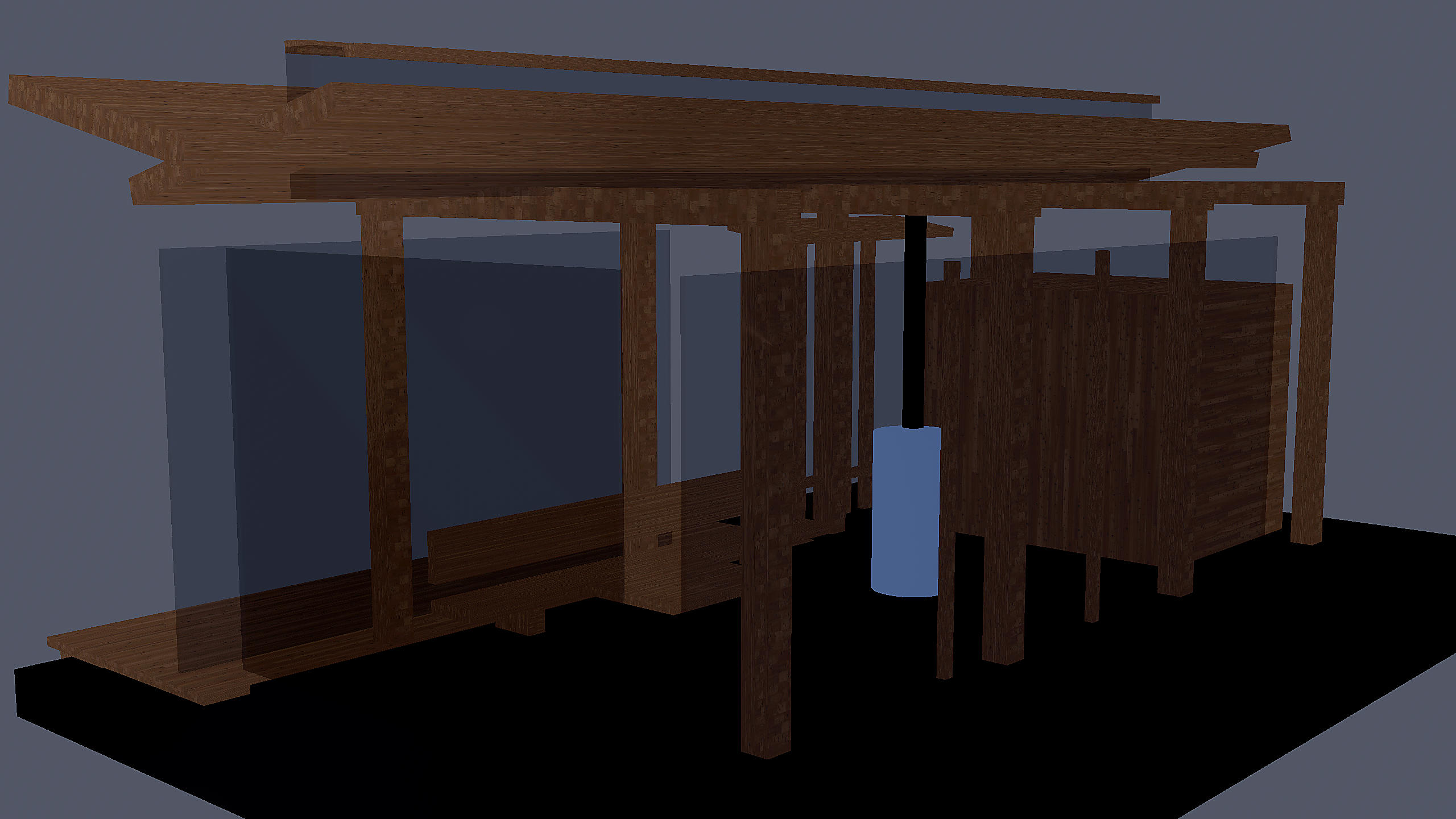 Cedar pavilion rendered in Talos3D with translucent wall panels and a dark base.